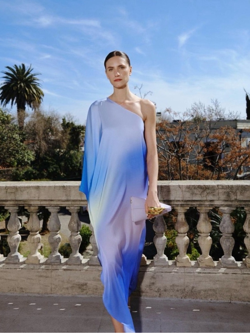 One-Shoulder Gradient Blue Maxi Dress